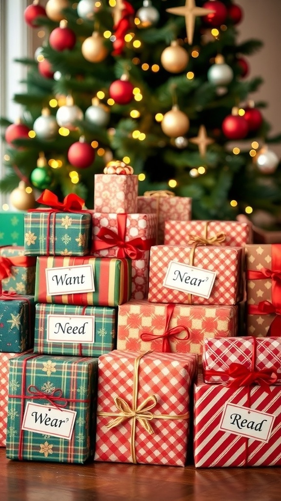 A festive arrangement of Christmas gifts labeled by the Rule of 4: Want, Need, Wear, Read, with a Christmas tree in the background.